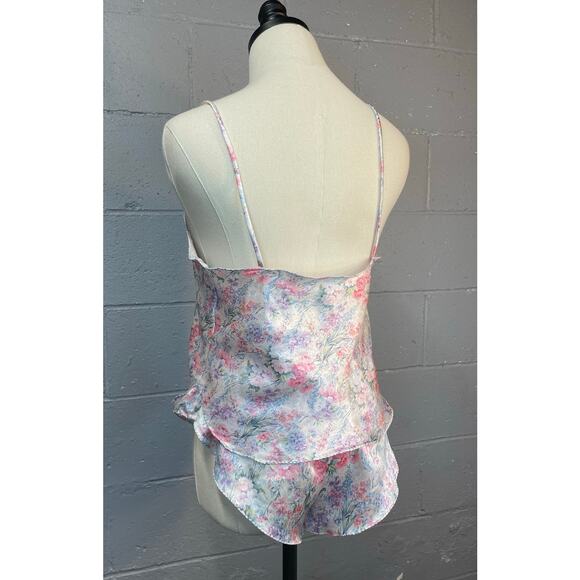 Vintage 80s Two Piece Camisole Flutter Shorts Lingerie Set Pastel Floral Satin - Picture 7 of 10